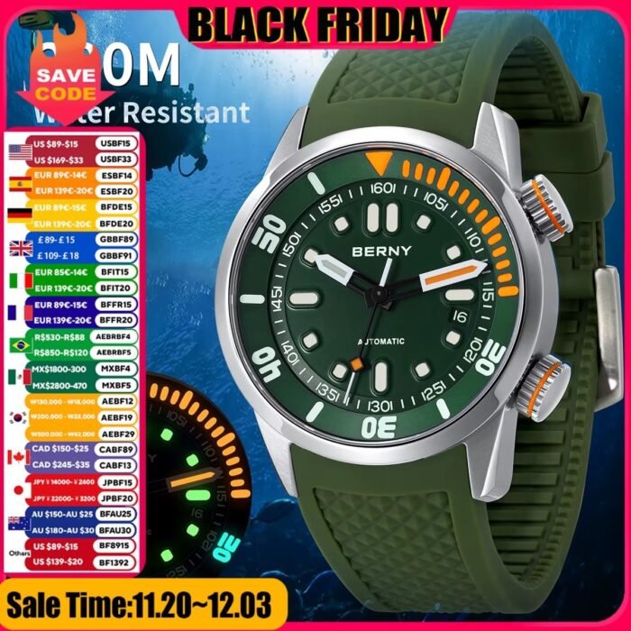 بيرني 20Bar غواص الرجال ساعة ميكانيكية ميوتا 8215